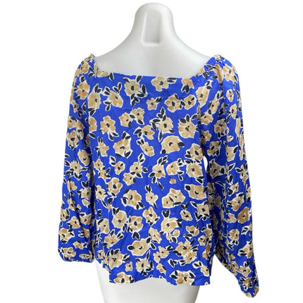 Ann Taylor Women's Blue Floral Long Puff Sleeve Square Neck Blouse Top Size L