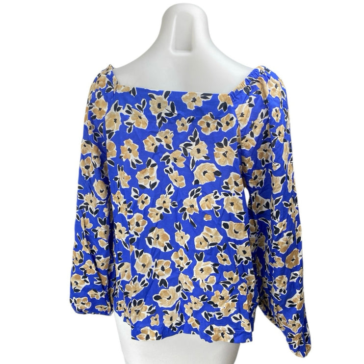 Ann Taylor Women's Blue Floral Long Puff Sleeve Square Neck Blouse Top Size L