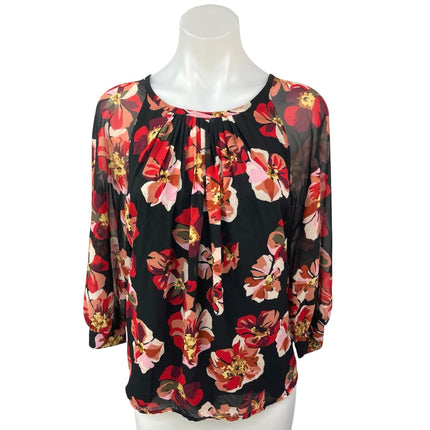 Madewell Black Floral Tie Back Pleated 3/4 Balloon Sleeve Tunic Blouse Top Sz XS