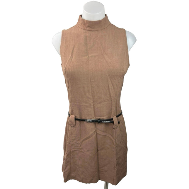 Cour Carre Women's Brown Mock Neck Sleeveless Belted A Line Flare Dress Size 46 Cour Carre Women's Brown Mock Neck Sleeveless Belted A Line Flare Dress Size 46