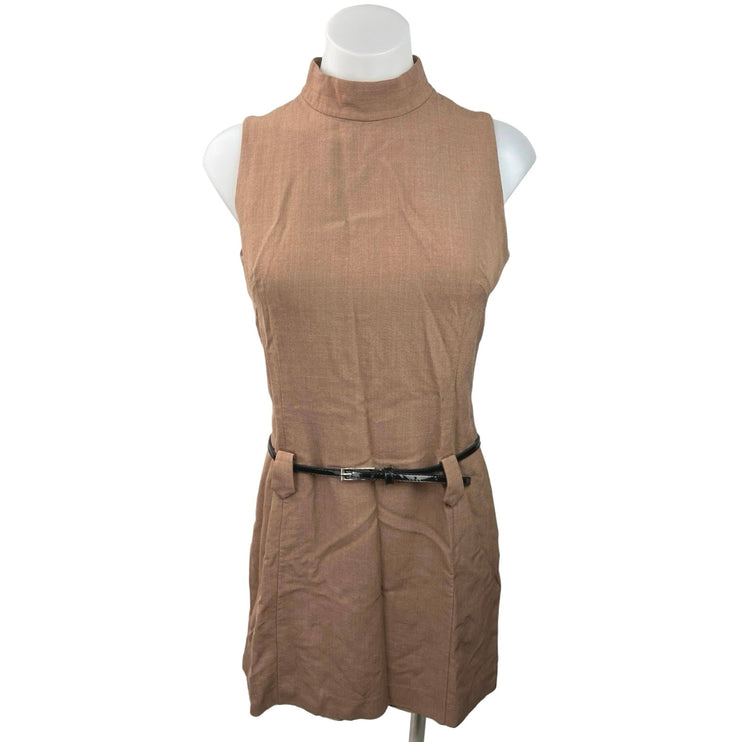 Cour Carre Women's Brown Mock Neck Sleeveless Belted A Line Flare Dress Size 46