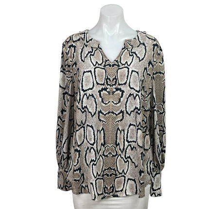 Cabi Beige Black Long Sleeve Snakeskin Print Ruffle Collar V-neck Blouse Top M