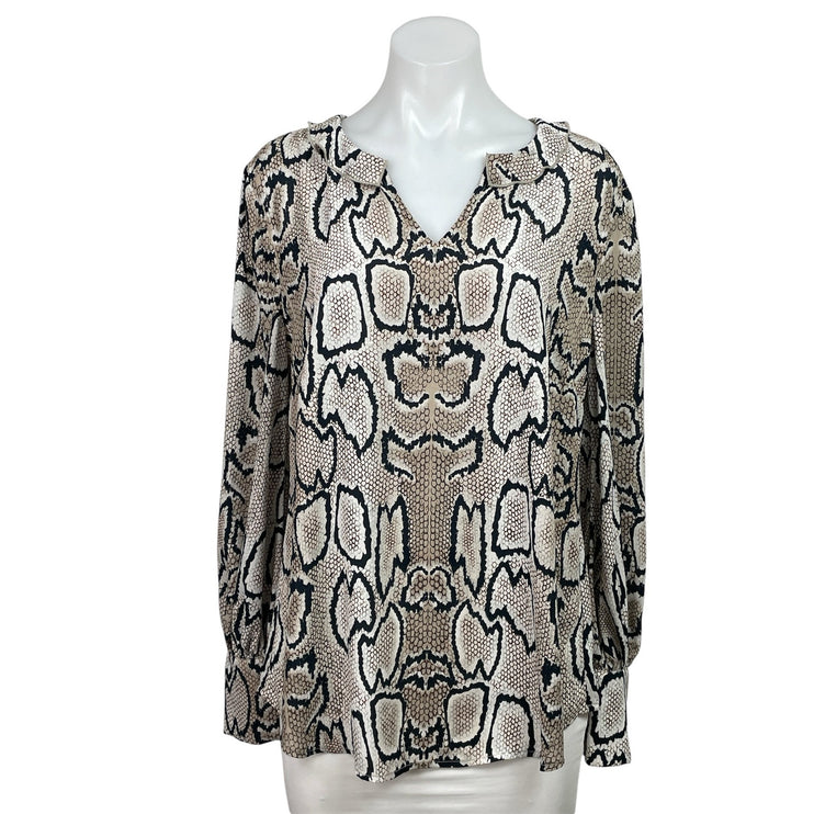 Cabi Beige Black Long Sleeve Snakeskin Print Ruffle Collar V-neck Blouse Top M