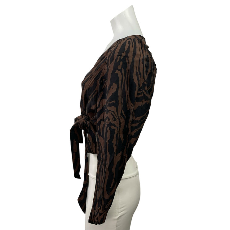 H&M Brown Black Zebra Long Sleeve V Neck Wrap Tie Cropped Blouse Top Size S