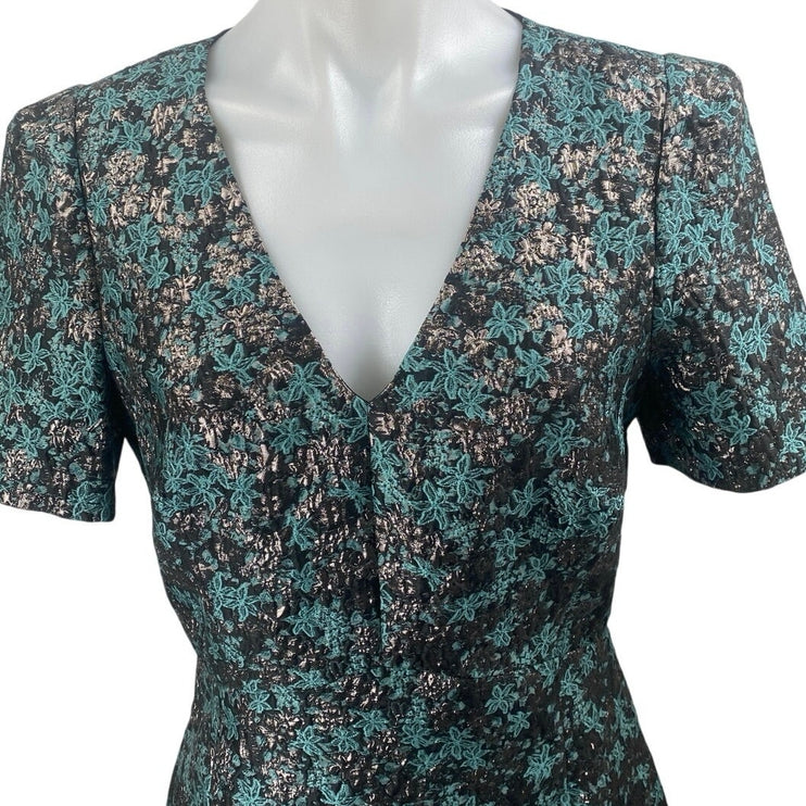 Club Monaco Black Blue Floral Short Sleeve V Neck Mini A Line Dress Size 6