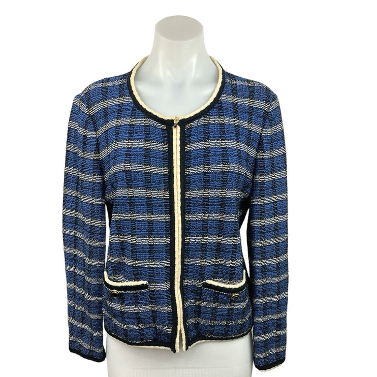 ST. JHON Collection Blue Wool Blend Knit Plaid Zip Up Pockets Cardigan Jacket 8