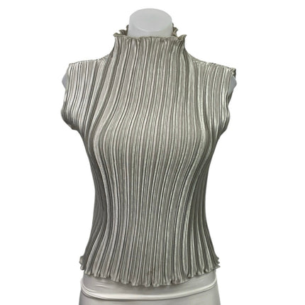 Nicola Women's Gray Silver Sleeveless Mock Neck Pleated Plisse Blouse Top Size L