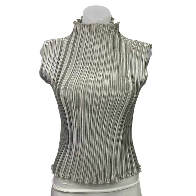 Nicola Women's Gray Silver Sleeveless Mock Neck Pleated Plisse Blouse Top Size L