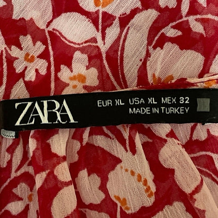 Zara Women's Red White Long Sleeves Floral Ruffles Sheer Crop Blouse Top Sz XL