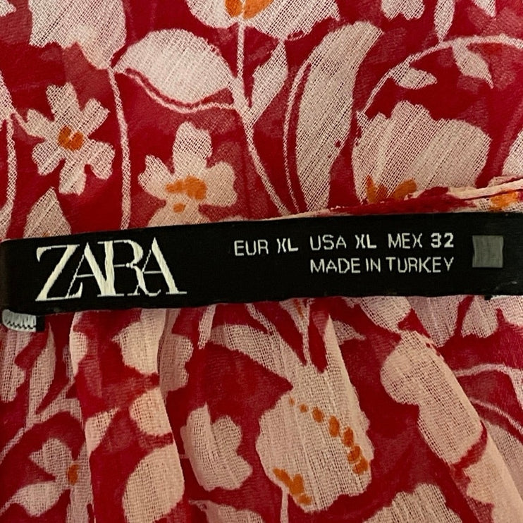 Zara Women's Red White Long Sleeves Floral Ruffles Sheer Crop Blouse Top Sz XL