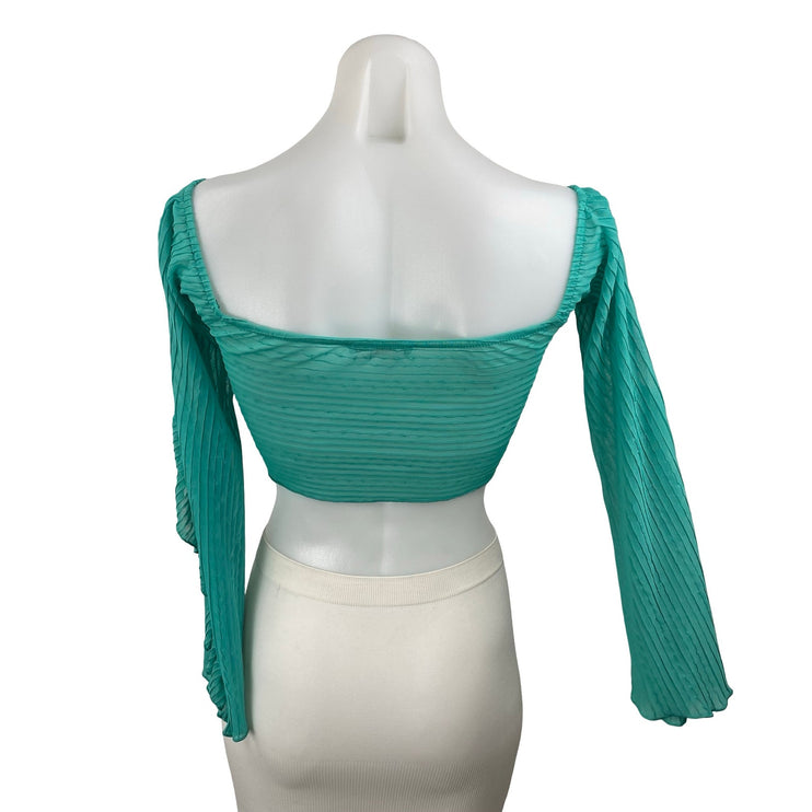 Zara Women's Green Teal Long Sleeve Pleated Tie Ruched Blouse Crop Top Size M