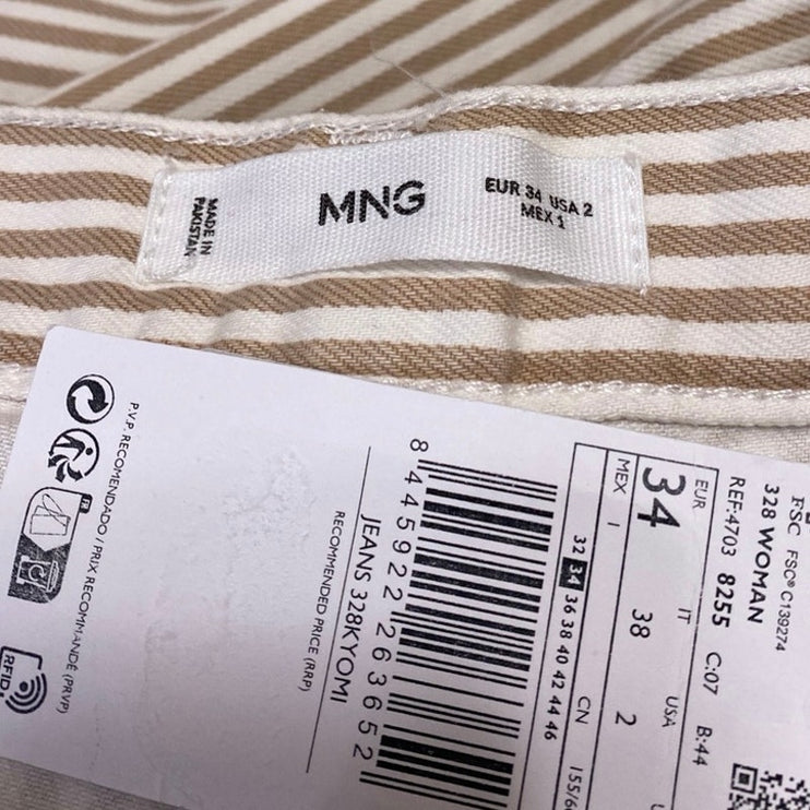NEW MNG Mango Beige White Striped Straight Carpenter Cargo Trousers Pants Size 2