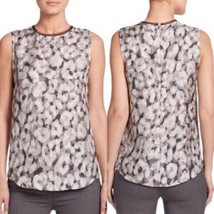 Theory Black 100% Silk Floral Sleeveless Mock Neck Fringe Tank Blouse Top Size M