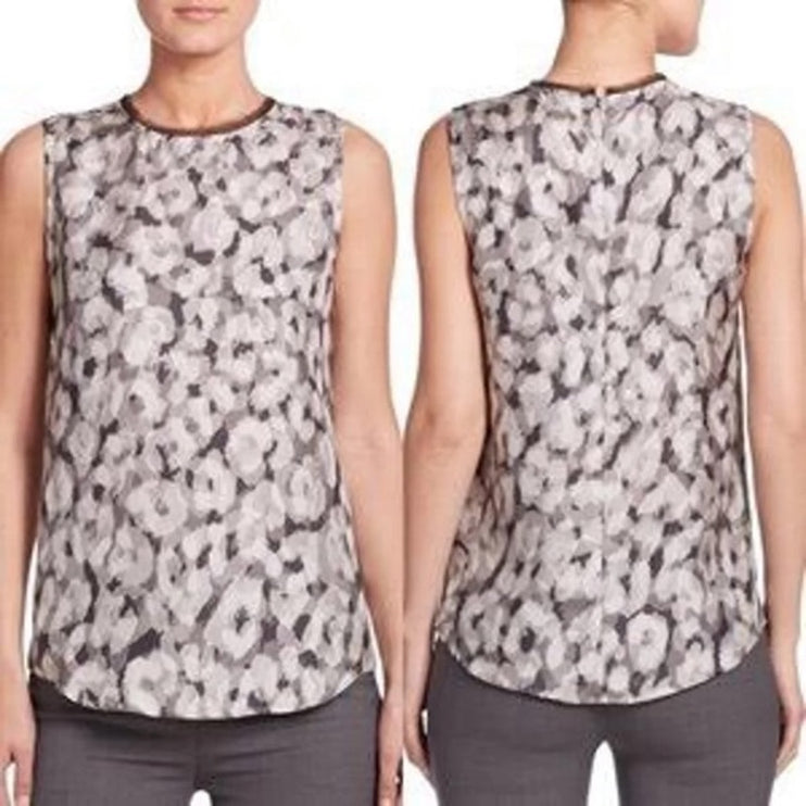 Theory Black 100% Silk Floral Sleeveless Mock Neck Fringe Tank Blouse Top Size M