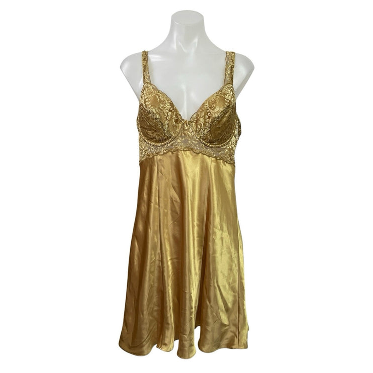 Vintage 90's Victoria's Secret Gold Lace Satin Sleepwear Slip Tank Dress Size L