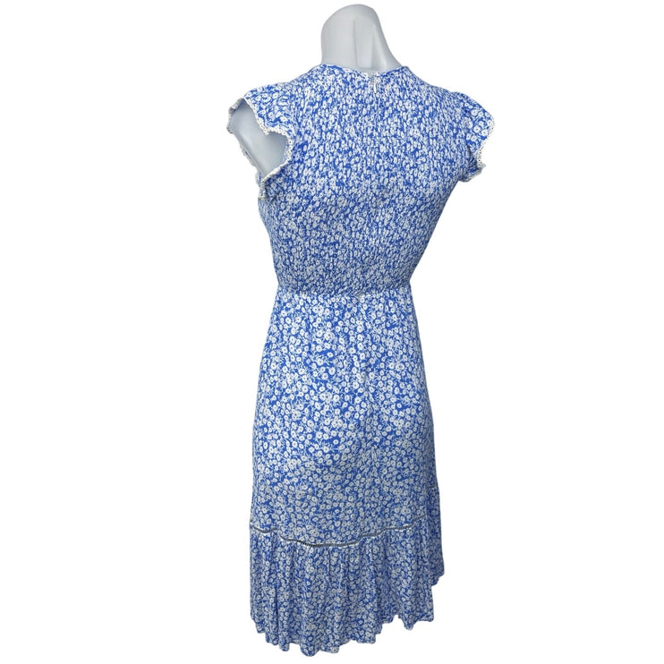 Lost + Wander Blue White Floral Smocked Ruffle Crew A Line Midi Dress Size XS