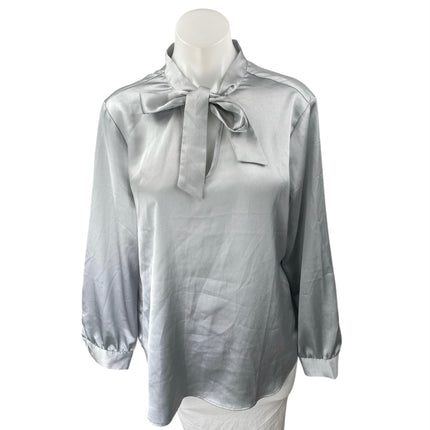 Adrianna Papell Silver Silk Satin Long Sleeve Bow Tie Neck Blouse Shirt Top Sz L