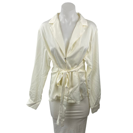 Commense Women's White Satin Long Sleeve Tie Front Shirt Tunic Wrap Blouse Top S