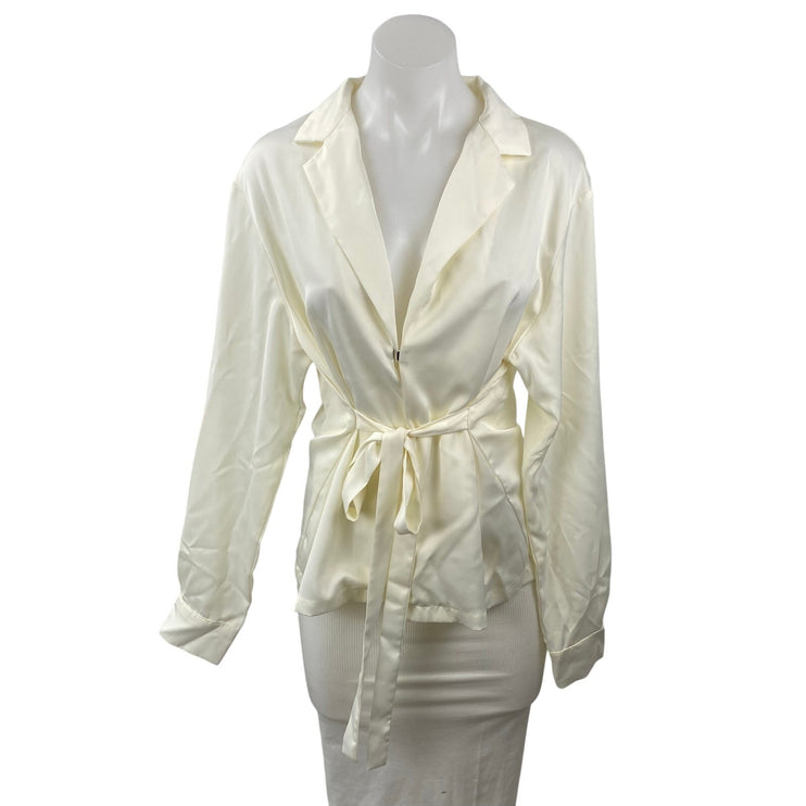 Commense Women's White Satin Long Sleeve Tie Front Shirt Tunic Wrap Blouse Top S