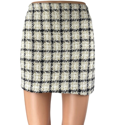NEW Windsor Ivory Black Gold Metallic Tweed Plaid Mini Pencil Skirt Size S