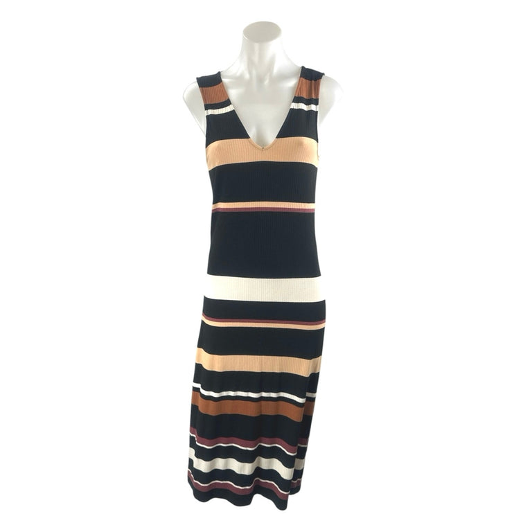 Fourteeth Place Stripe Ribbed Knit V Neck Sleeveless Maxi Tank Sheath Dress Sz S