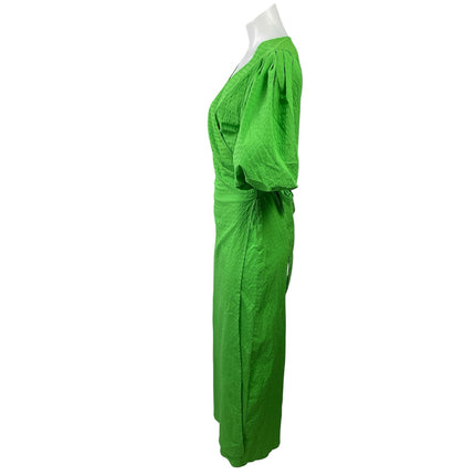 H&M Green Short Balloon Sleeve V Neck Tie Waist V Neck Wrap Maxi Dress Size XS