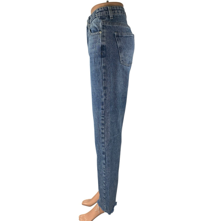 Superdown Women's Blue Frayed Raw Hem High Waisted Straight Denim Jeans Pants 25