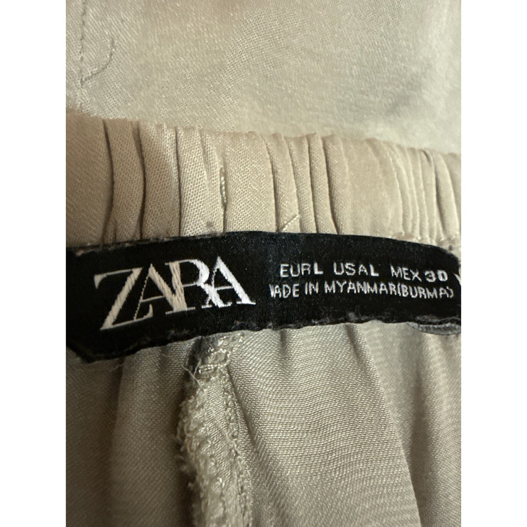 Zara Women's Beige Khaki High Waisted Drawstring Wide Leg Trousers Pants Size L