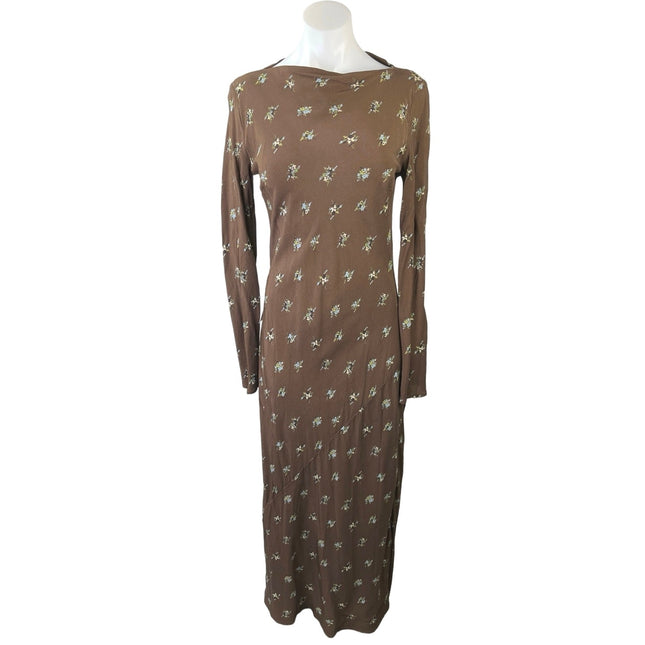 NEW Topshop Brown Ditsy Floral Print Slash Neck Long Sleeve Slim Maxi Brie NEW Topshop Brown Ditsy Floral Print Slash Neck Long Sleeve Slim Maxi Brie