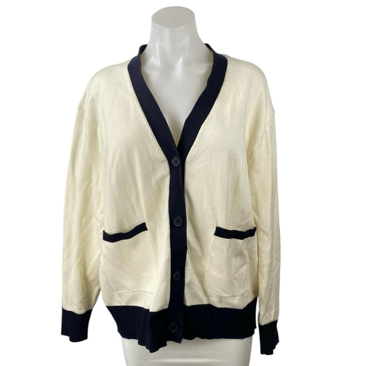 Zara Women's Cream Black Button Down V-Neck Long Sleeve Knit Cardigan Sweater L