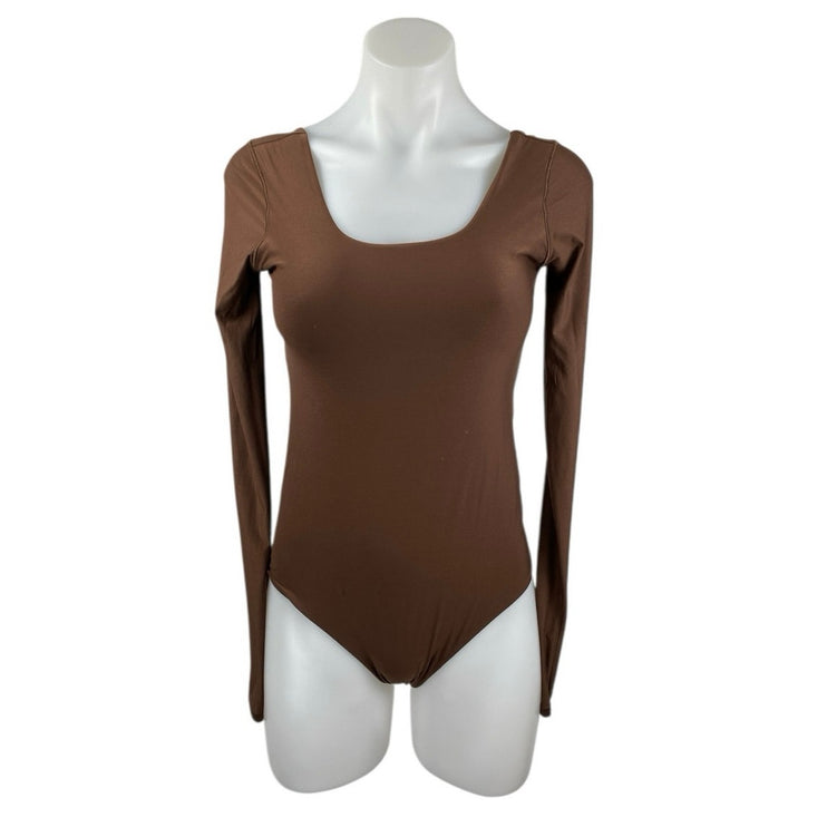 Aerie Smoothez Brown Scoop Neck Long Sleeve Sculpt Thong Bodysuit Top Size L