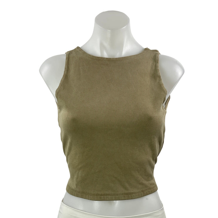 Zara Women's Olive Green Ribbed Knit Open Back Backless Tie Crop Top Size M