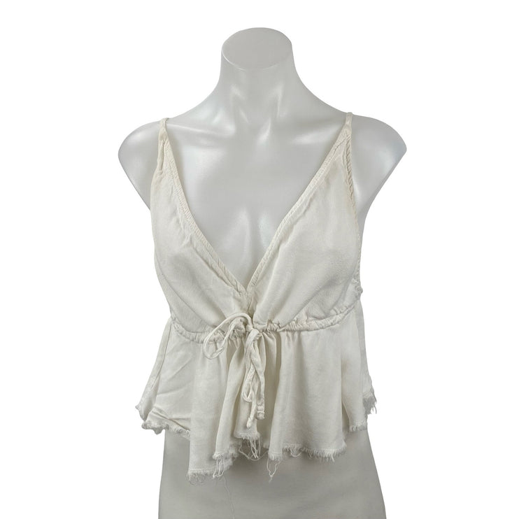 Brandy Melville Women's White Sleeveless V Neck Cami Tie Peplum Crop Top Size OS