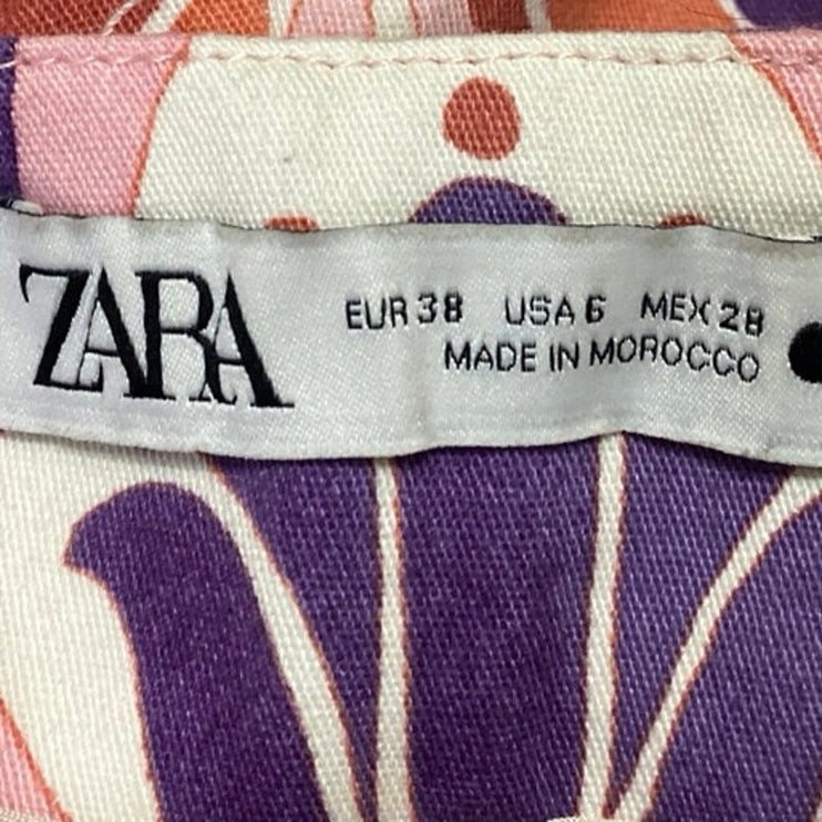 Zara Pink Multicolor Printed High Waist Straight Leg Slim Fit Trousers Pants 6