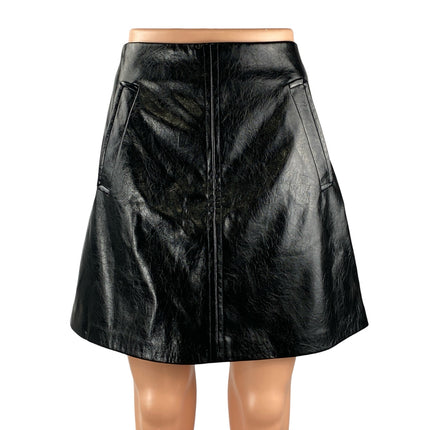 DKNY Women's Black Faux Vegan Leather High Rise Mini Flare A-Line Skirt Size 12