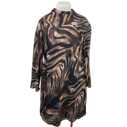 MNG Mango Brown Zebra Silk Satin Back Bow Long Sleeve A Line Mini Dress Size 16