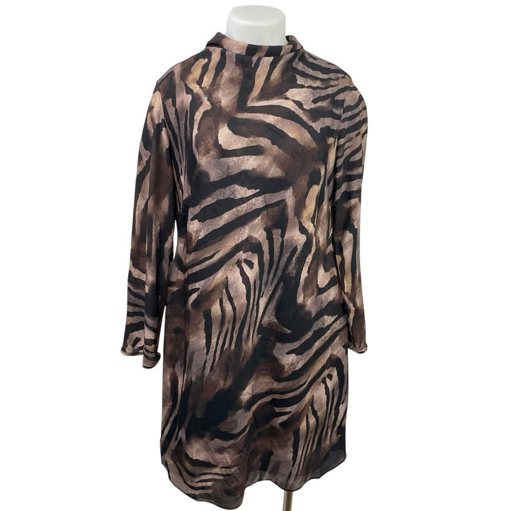 MNG Mango Brown Zebra Silk Satin Back Bow Long Sleeve A Line Mini Dress Size 16