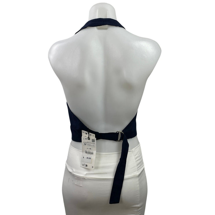 NEW Zara Dark Blue Halter Open Back Backless V Neck Adjustable Vest Crop Top M