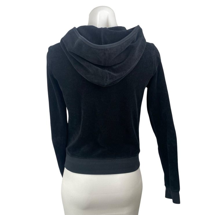 Juicy Couture Womens Black Velvet Velour Full Zip Hoodie Hooded Sweatshirt Top M