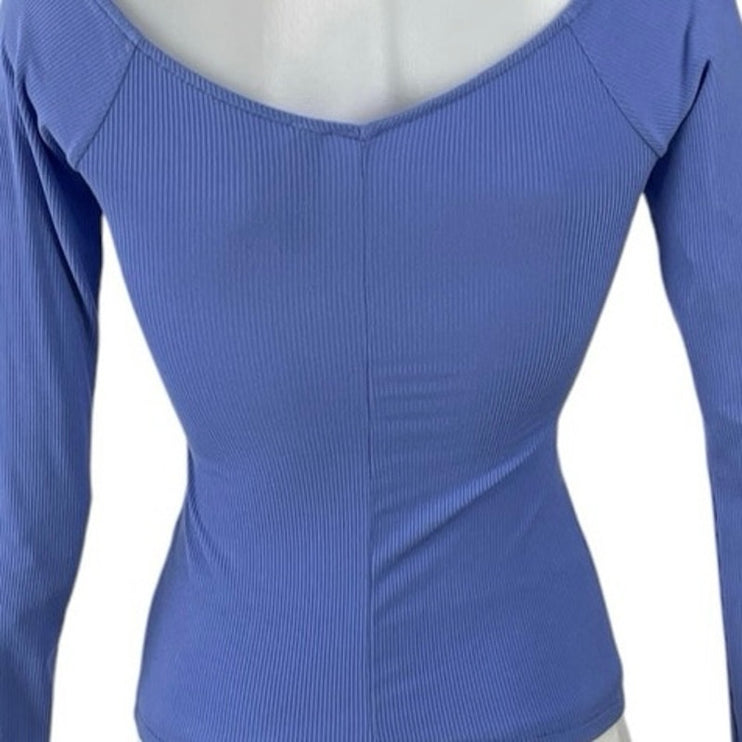Skims Soft Lounge Blue Ribbed Off Shoulder Long Sleeve T-Shirt Sweater Top XS