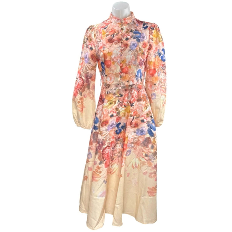 Commense Women's Multicolor Collared Balloon Sleeve Midi Flare A-Line Dress XS