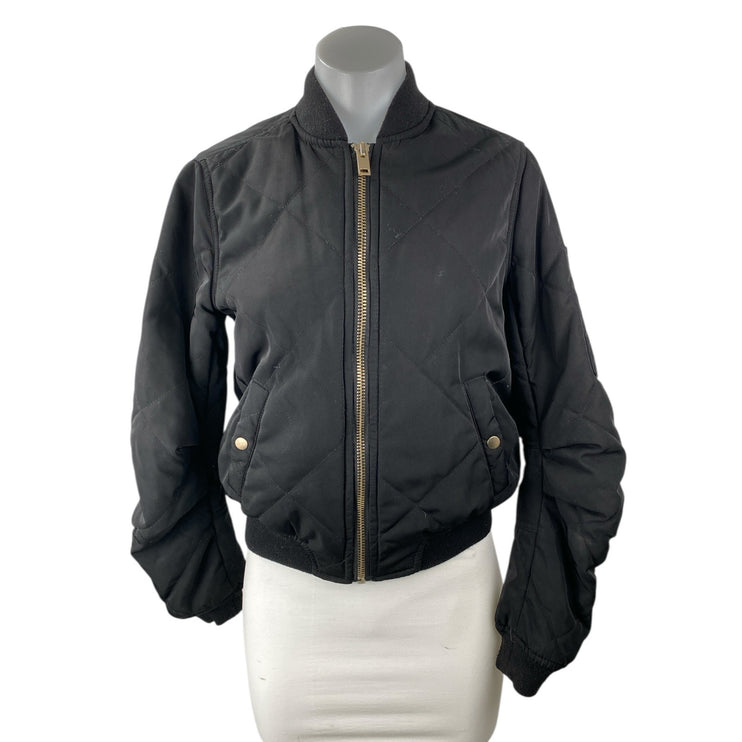 Aqua Women's Black Quilted Full Zip Ruched Long Sleeve Bomber Coat Jacket Size S