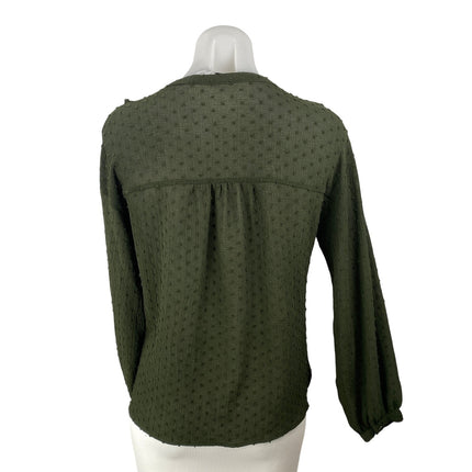 Zara Green Swiss Dots Ruffle V Neck Long Sleeve Button Up Shirt Blouse Top Sz S