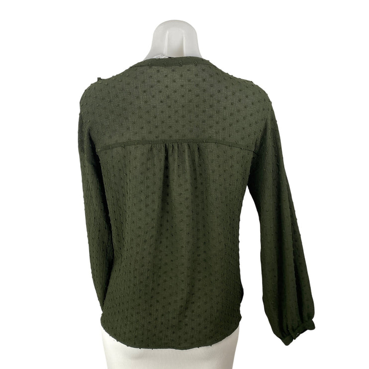 Zara Green Swiss Dots Ruffle V Neck Long Sleeve Button Up Shirt Blouse Top Sz S