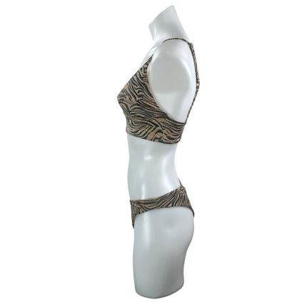 L Space Brown Tiger Print V-Wire Top & Cabana Bottom Bikini Swimwear Set Size M
