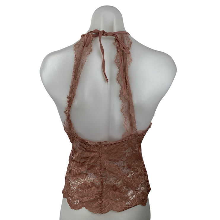H&M Women's Brown Lace Floral Sleeveless Halter Open Back Sheer Crop Tank Top S