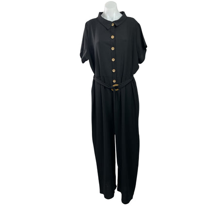 NEW PrettyLittleThing Black Short Sleeve Button Down Shirt Romper Jumpsuit Sz 18