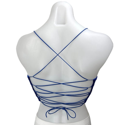 Women's Blue Gold Star Velvet Velour Strappy Crisscross Deep V Crop Top Size M