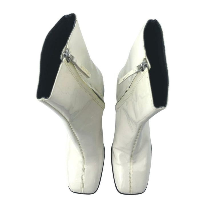 Reformation White Patent Leather Block Heel Square Toe Zip Up Mid Calf Boots 9