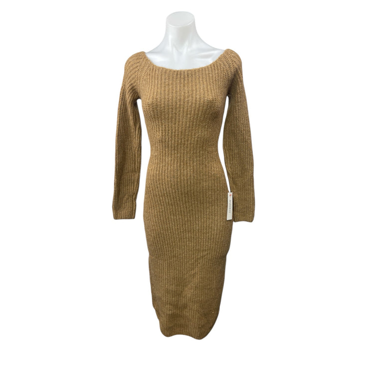 NEW Bardot Rhia Brown Wool Off Shoulder Long Sleeve Knit Midi Sweater Dress Sz M